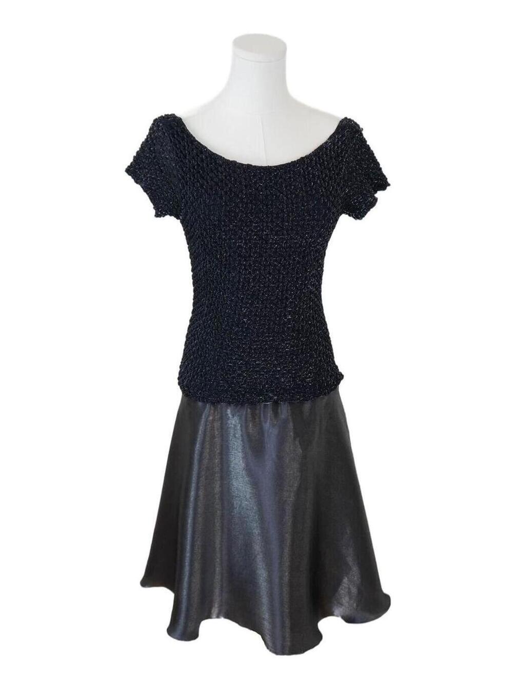 Drop‎ Waist Dress 1990s, Black Popcorn Knit Top, Open Back Gunmetal Satin Skirt